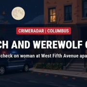 FFP illustration of a police cruiser outside a brick apartment building on a moonlit night with the words Witch and Werewolf Call